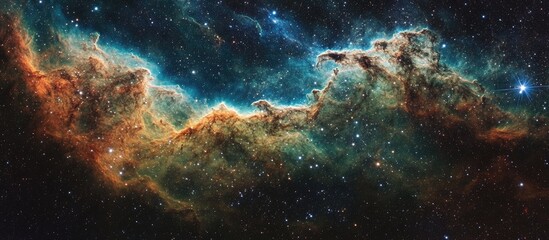 Fototapeta premium Vibrant cosmic nebula with rich hues of blue and orange, showcasing star clusters against a dark starry background in a stunning celestial display.