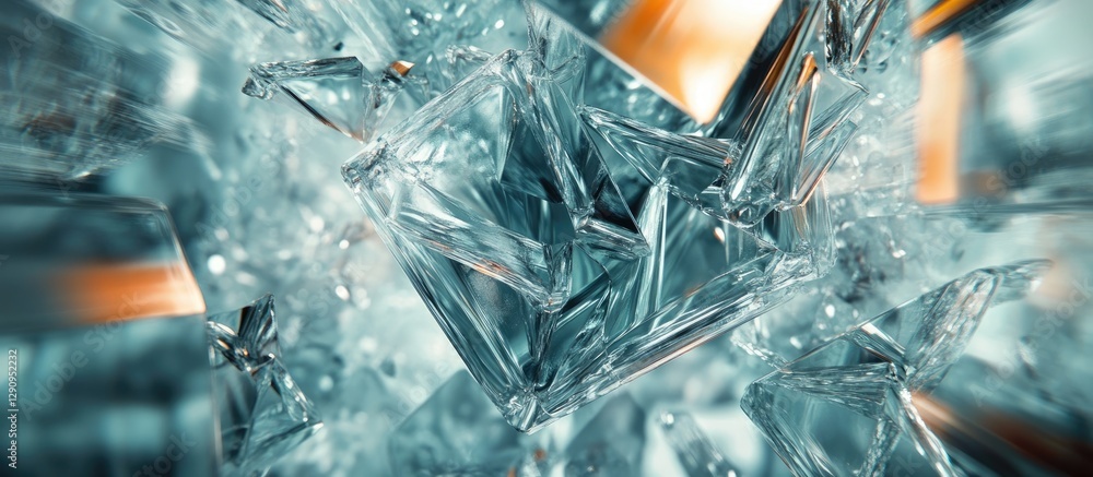 Poster abstract close-up of intricate glass structures with shades of blue and transparent reflections, cre