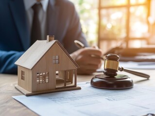 Flat lay of real estate court action with a house model and gavel on a table, a male lawyer in a blue suit writing on a paper from a shoulder-level perspective.