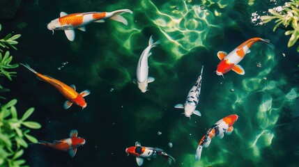 Freshwater fish like koi and goldfish swimming peacefully in a pond, surrounded by water plants, with ample room for copy.