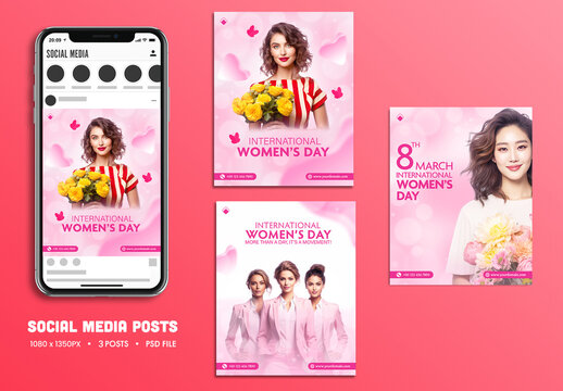 International Women&rsquo;s Day, Social Media Editable Post Set with Text Placeholder. 