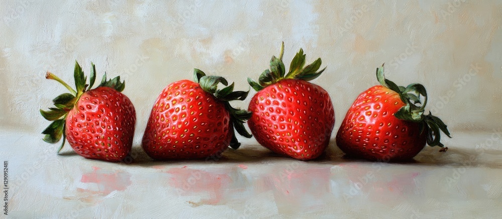 Poster vibrant red strawberries arranged in a row against a soft beige backdrop highlighting their texture 