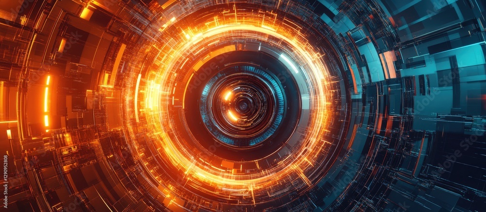 Aufkleber futuristic metallic texture backdrop with vibrant orange and blue gradient circles in the center cre