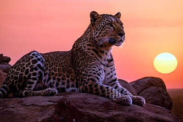 Naklejka premium Leopard on Rocks at Sunset - 02