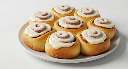 A plate of golden brown cinnamon rolls with a thick layer of cream cheese frosting, placed on a white background