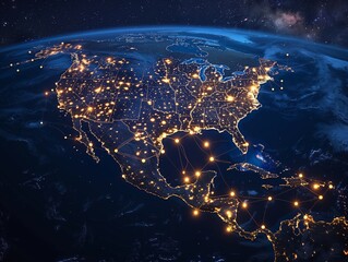 Display a map showcasing North America with beacons of light over major cities, illustrating the broadening reach and impact of 5G networks on regional communications.