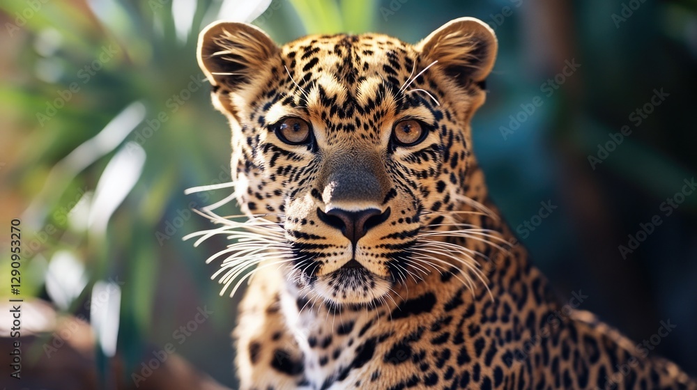 Poster a close-up shot of a leopard's face surrounded by trees