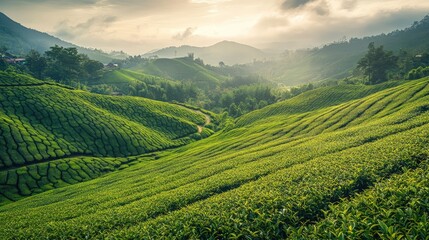 Fototapeta premium Green tea plantation on rolling hills under a soft cloudy sky, neat rows of bushes providing an ideal agricultural background for copy space.