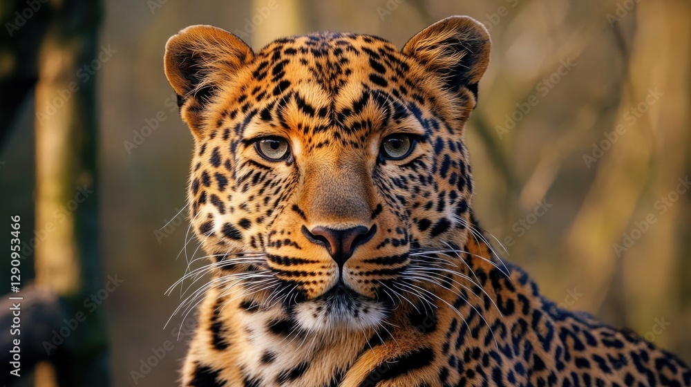 Poster A close-up image of a leopard's face surrounded by trees
