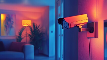 Security camera mounted on wall in modern living room at night.