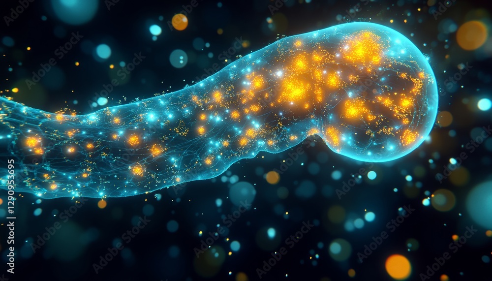 Poster abstract flowing stream of aqua and chartreuse hues with particle effects, vector design