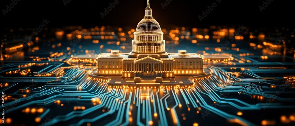 Poster Digital Capitol Building with Circuit Board and Lights Background Concept