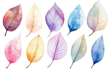 A collection of watercolor leaves painted in soft pastel tones, stylish and modern, isolated