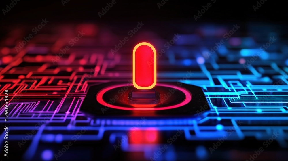 Poster futuristic neon circuit board with bright red light on dark background