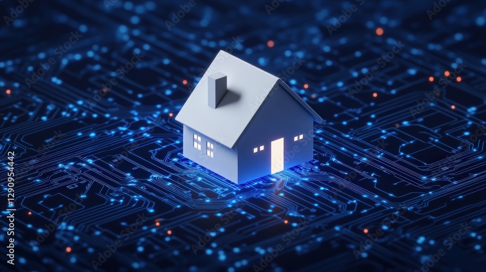 Poster modern house model on digital circuit board background for technology concept