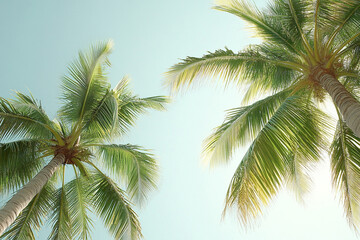 Fototapeta premium Tall coconut palms against a clear blue sky, shot from below. Summer banner in calm natural tones.