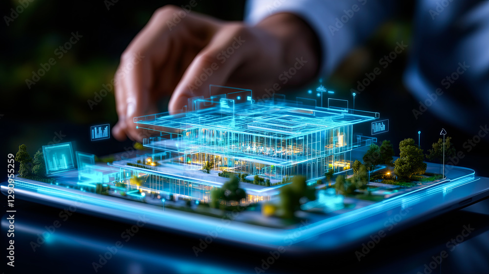Poster building information modeling, model in perspective standing on a platform, holographic augmented re