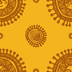 Seamless Vector Pattern with Cinnamon-Colored Suns on a Yellow Background