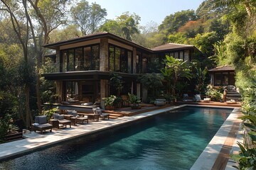 Fototapeta premium Luxury Cubic House with Minimalist Architecture Inviting Pool and Lush Surrounding Gardens