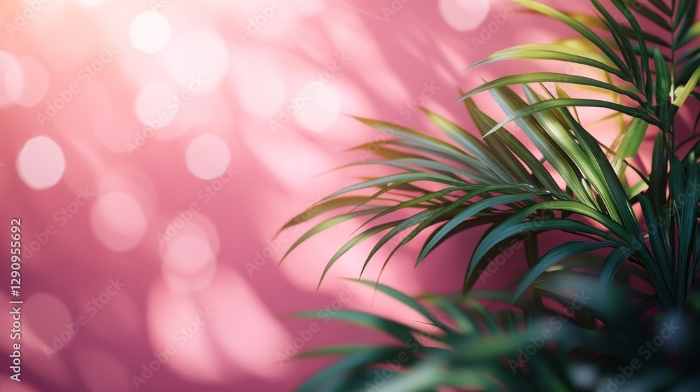 Poster Palm leaves sway gently in the breeze, their blurred shadows artistically imprinted on a soft pink background. Sunlight filters through, creating a whimsical atmosphere in a tropical setting