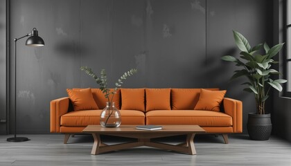 Fototapeta premium A modern living room showcases a vibrant orange sofa with plush cushions, accompanied by a sleek coffee table and green foliage, creating a cozy and stylish atmosphere perfect for relaxation