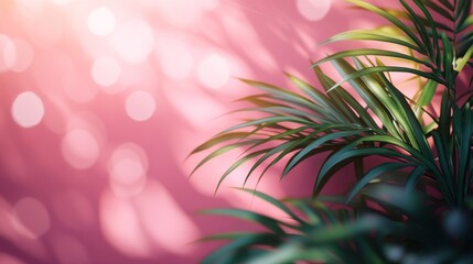 Palm leaves sway gently in the breeze, their blurred shadows artistically imprinted on a soft pink background. Sunlight filters through, creating a whimsical atmosphere in a tropical setting