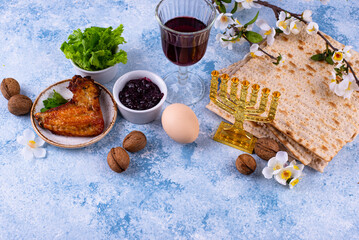 Traditional Passover Seder plate with symbolic foods. Symbolic of Jewish holiday Pesah.