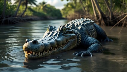 Fototapeta premium Formidable Saltwater Crocodile Lying in Wait in a Dense Tropical River Habitat