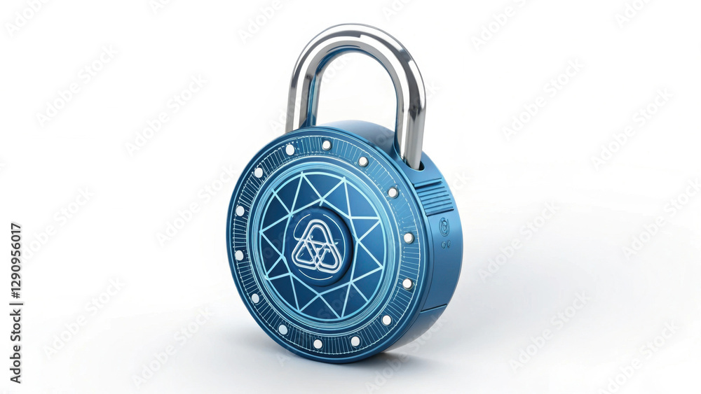 Poster a blue padlock with a unique design, featuring a circular shape and intricate patterns, symbolizing 