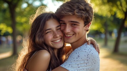 Fototapeta premium A romantic moment between two people, embracing each other in a peaceful outdoor setting