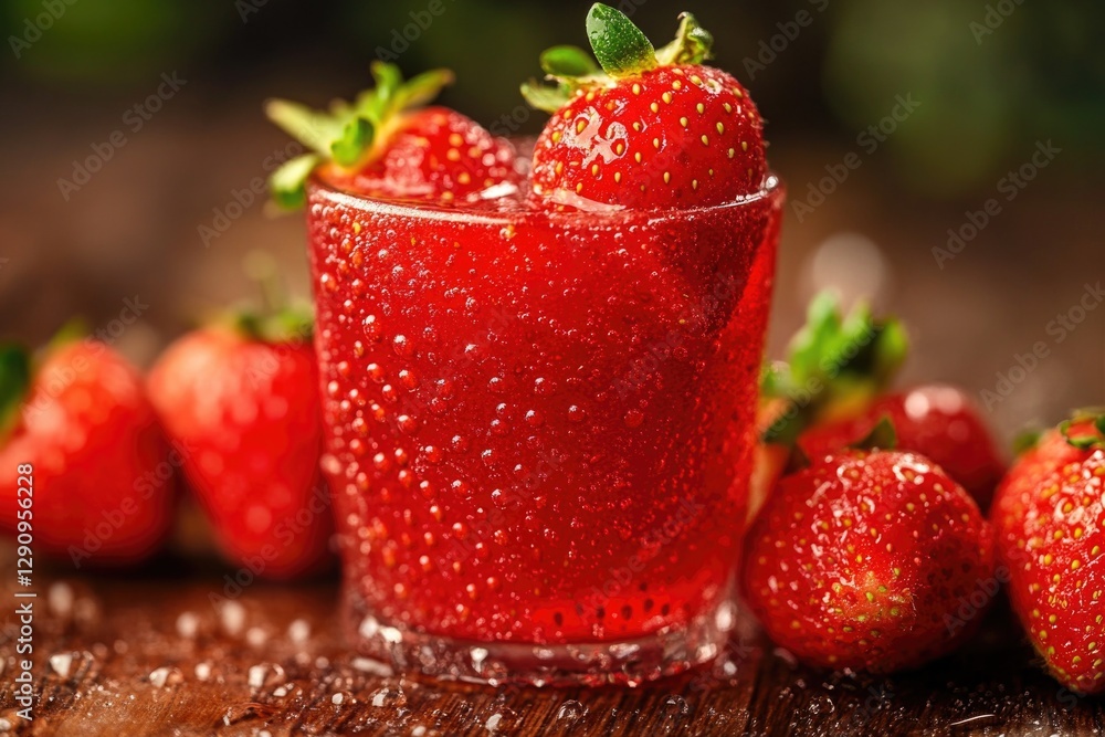 Poster a close-up view of a glass filled with fresh strawberries on a table