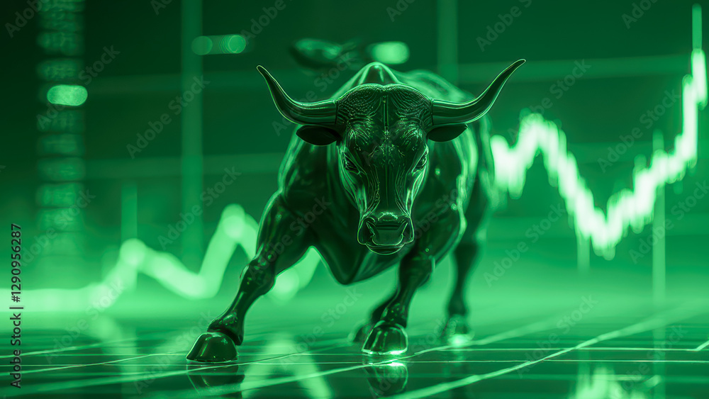 Poster dynamic bull representation symbolizing market growth and financial prosperity in green tones with c