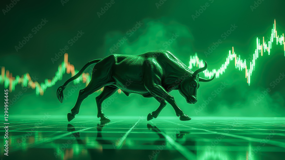 Aufkleber green bull symbolizing stock market growth and prosperity on digital trading platform with bar graph