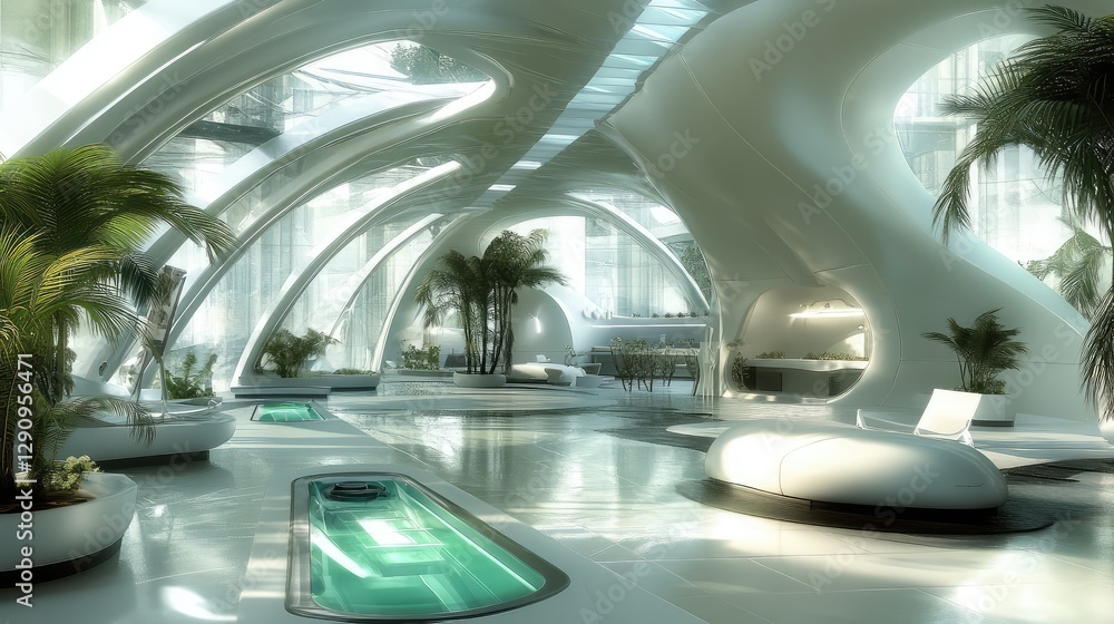 Poster modern greenhouse with automated climate controls and robotic watering systems, futuristic farming s