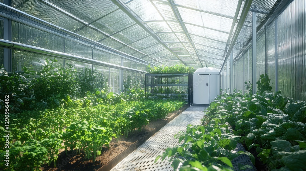 Poster modern greenhouse with automated climate controls and robotic watering systems, futuristic farming s