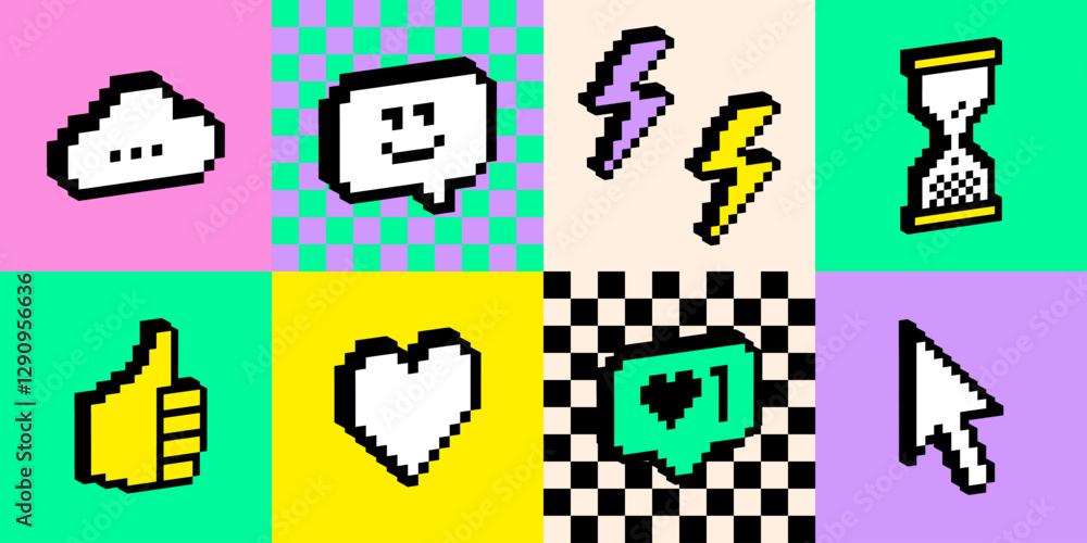 Poster bright geometric checked pattern with 3d emoji pixel art icons. y2k funny colour tech emoticon stick