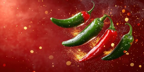 Floating spicy jalapeÃ?os with fiery sparks flying off on a bold chili red background 3D background minimalistic mockup with space for text