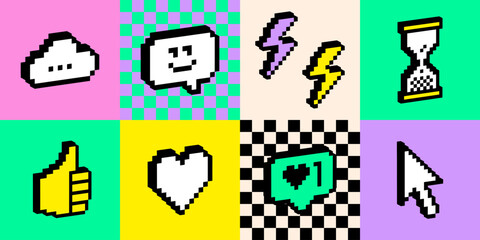 Bright geometric checked pattern with 3d emoji pixel art icons. Y2k funny colour tech emoticon stickers. Smile, cursor, heart shape, arrow, hand. Game abstract retro style mosaic vector illustration