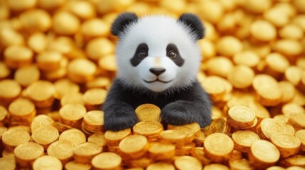 Fototapeta premium Adorable panda bear surrounded by golden coins symbolizing wealth and prosperity