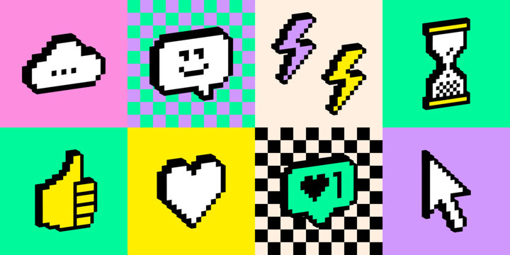 Naklejki Bright geometric checked pattern with 3d emoji pixel art icons. Y2k funny colour tech emoticon stickers. Smile, cursor, heart shape, arrow, hand. Game abstract retro style mosaic vector illustration