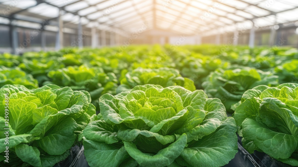 Poster neatly arranged rows of lettuce plants in a greenhouse, clear farming space for copy text in the bac