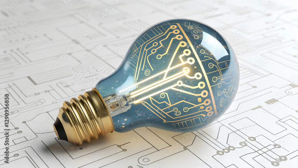Aufkleber a glowing light bulb with a circuit board design inside, resting on a technical blueprint background