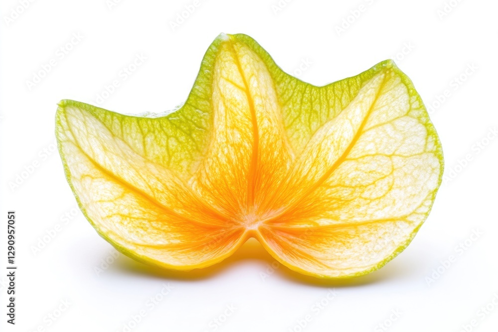 Poster a close-up view of a sliced orange on a white surface, perfect for food or kitchen related concepts