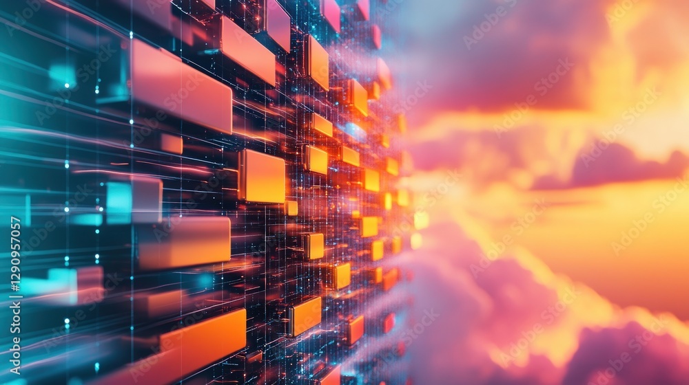 Aufkleber Abstract Digital Data Flow with Colorful Blocks in a Cloudy Sky Background