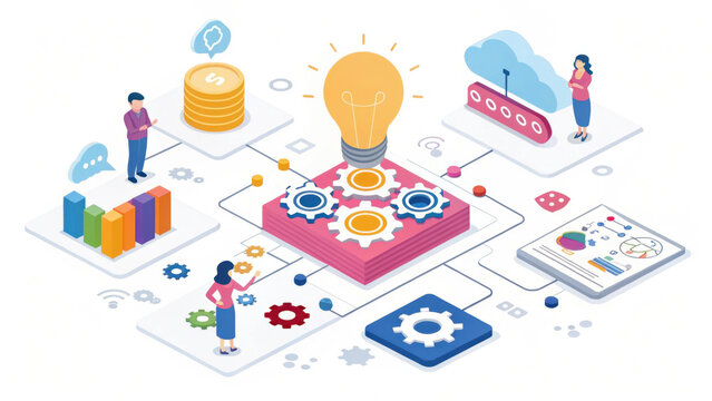 A colorful illustration depicting teamwork, innovation, and data analysis, featuring gears, a light bulb, charts, and people collaborating.