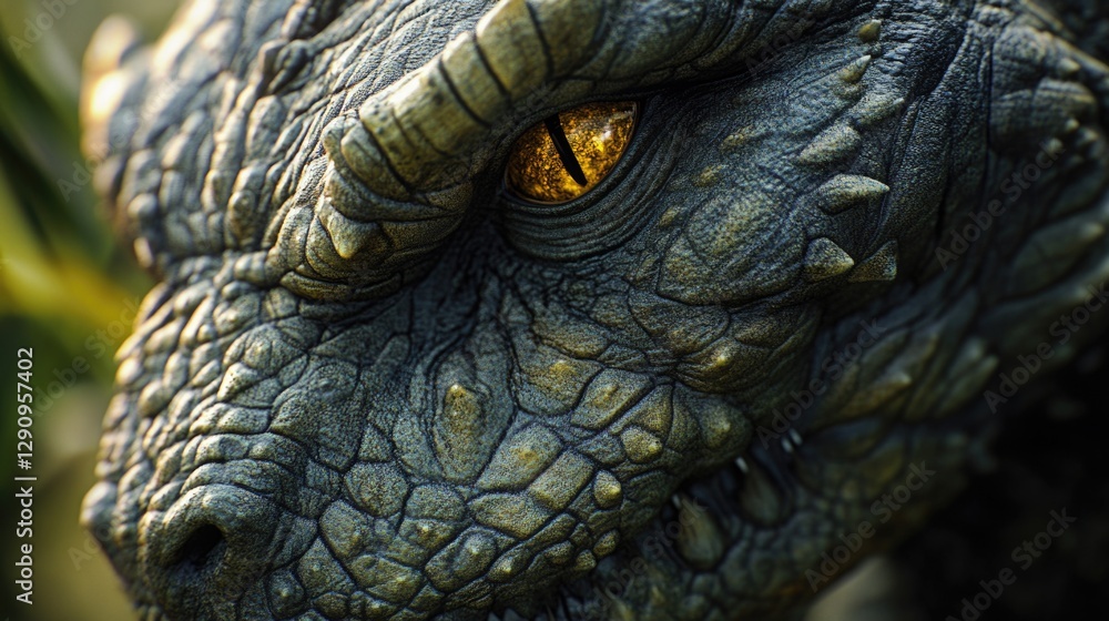 Poster a close-up view of a dinosaur's eye, highlighting its unique features and texture