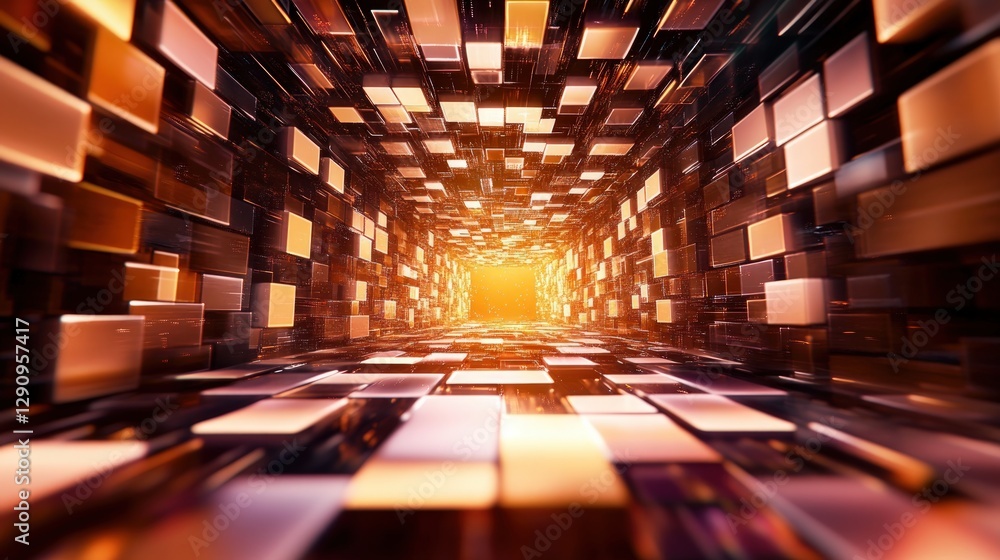 Poster abstract digital tunnel with glowing orange light and reflective surfaces