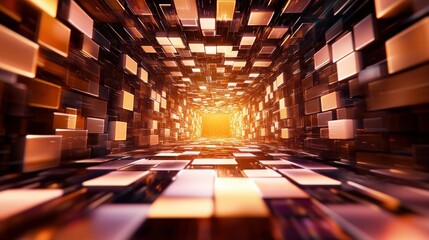 Abstract digital tunnel with glowing orange light and reflective surfaces