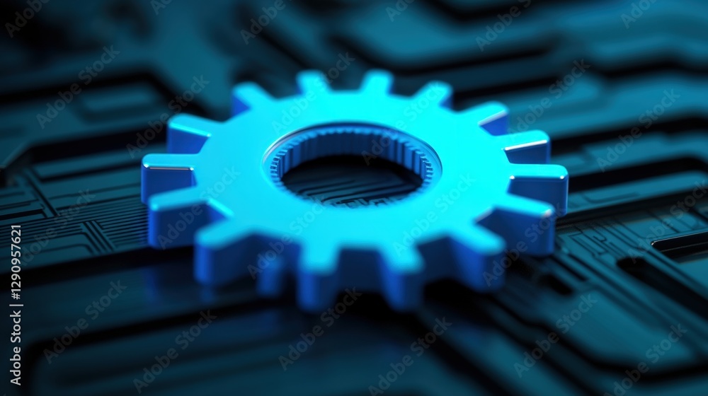 Poster blue gear wheel placed on a complex circuit board symbolizing technology and innovation