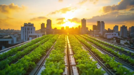 Fototapeta premium Rooftop farm with symmetrical rows of crops and irrigation lines set against a sunset skyline, clear space for copy text.